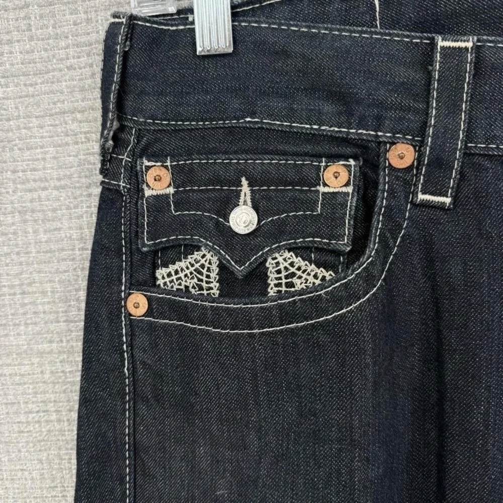 True Religion Straight Jeans Mens 32 Dark Wash Big T Stitching Denim Vintage Y2K